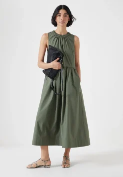 hush Dresses|Lightweight Cotton Sleeveless Crew Neck Maxi Dress Khaki Green