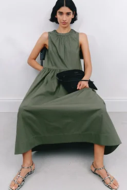 hush Dresses|Lightweight Cotton Sleeveless Crew Neck Maxi Dress Khaki Green