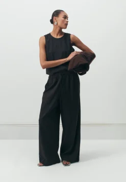 hush Trousers|Linen Blend Petunia Wide Leg Trousers Washed Black