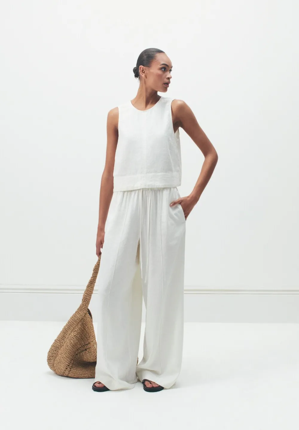 hush Trousers|Linen Blend Petunia Wide Leg Trousers White