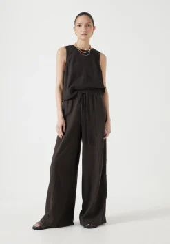 hush Trousers|Linen Blend Petunia Wide Leg Trousers Dark Brown