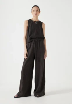 hush Trousers|Linen Blend Petunia Wide Leg Trousers Dark Brown