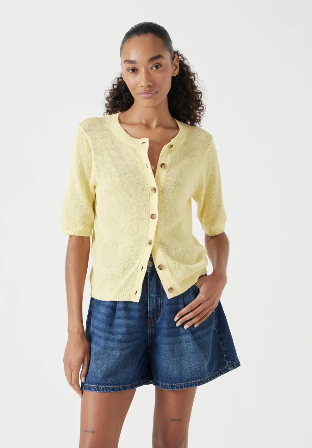 hush Tops & T-Shirts|Jumpers & Cardigans|Linen Blend Short Sleeve Cardigan Pale Yellow