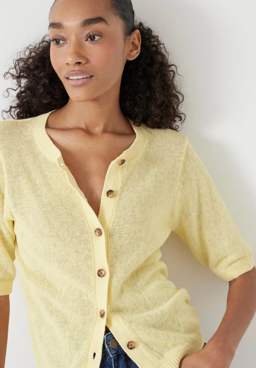 hush Tops & T-Shirts|Jumpers & Cardigans|Linen Blend Short Sleeve Cardigan Pale Yellow
