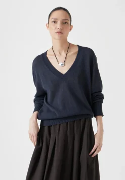 hush Jumpers & Cardigans|Linen Blend V Neck Jumper Inkwell Navy