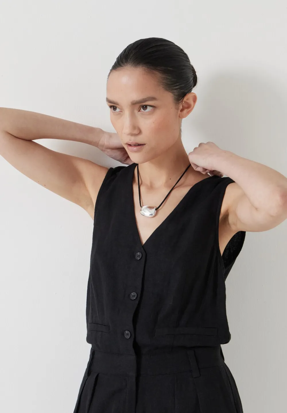 hush Jumpsuits|Dresses|Linen Blend Waistcoat Jumpsuit Washed Black