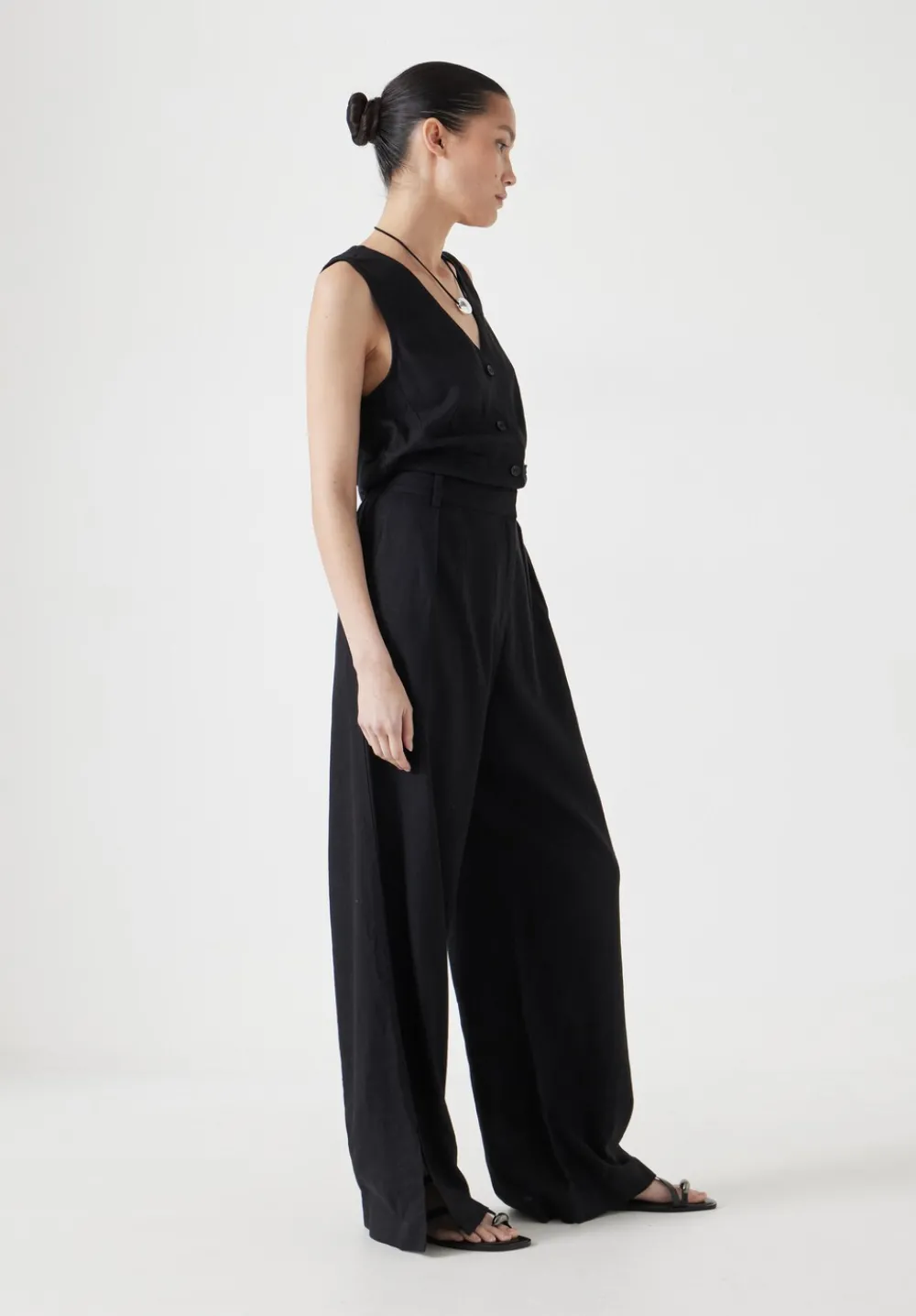 hush Jumpsuits|Dresses|Linen Blend Waistcoat Jumpsuit Washed Black