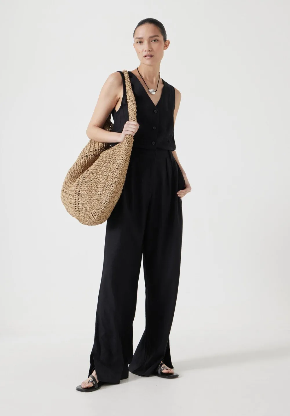 hush Jumpsuits|Dresses|Linen Blend Waistcoat Jumpsuit Washed Black
