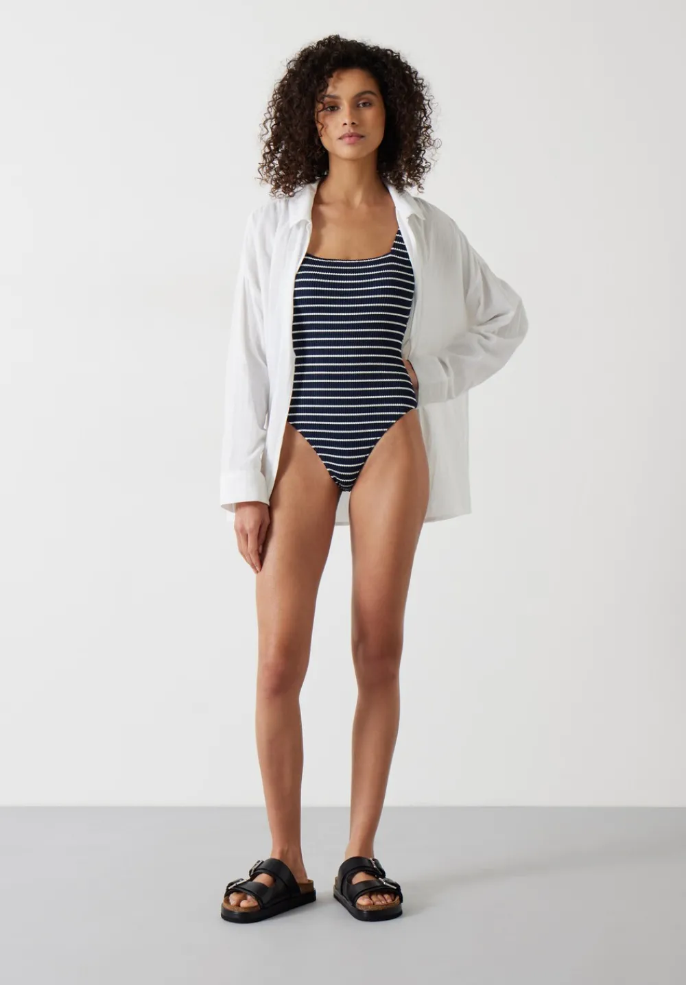 hush Swimwear & Beachwear|Lola Stripe Crinkle Scoop Swimsuit Navy/White Stripe
