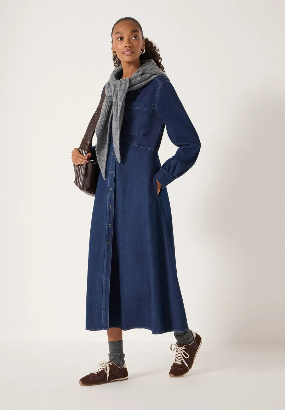 hush Dresses|Long Sleeve Denim Shirt Dress Rinse wash