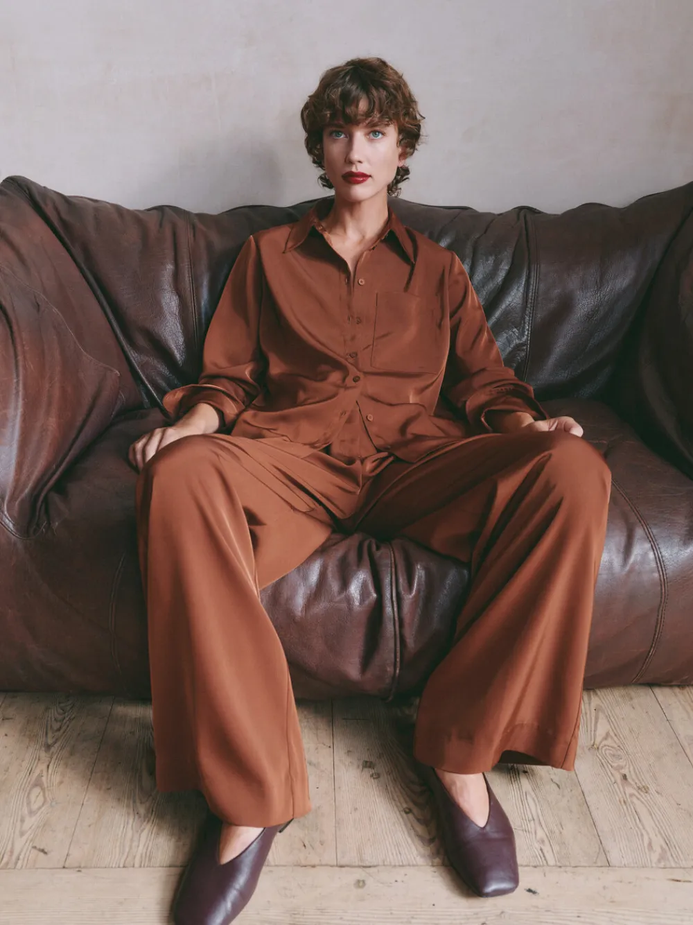 hush Shirts & Blouses|Long Sleeve Satin Shirt Toffee Brown