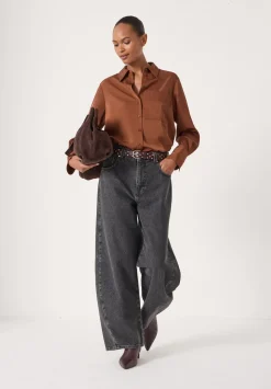hush Shirts & Blouses|Long Sleeve Satin Shirt Toffee Brown