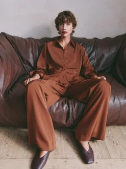 hush Shirts & Blouses|Long Sleeve Satin Shirt Toffee Brown