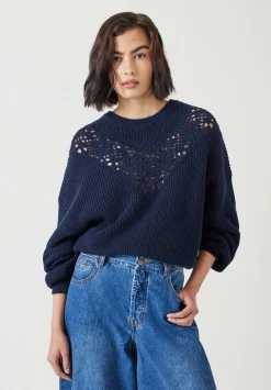 hush Jumpers & Cardigans|Louise Lace Insert Cotton Jumper Navy