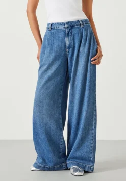 hush Jeans|Lya Pleated Wide Leg Jeans Mid Authentic Blue