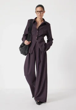 hush Trousers|Lya Wool Blend Wide Leg Check Trousers Burgundy Purple