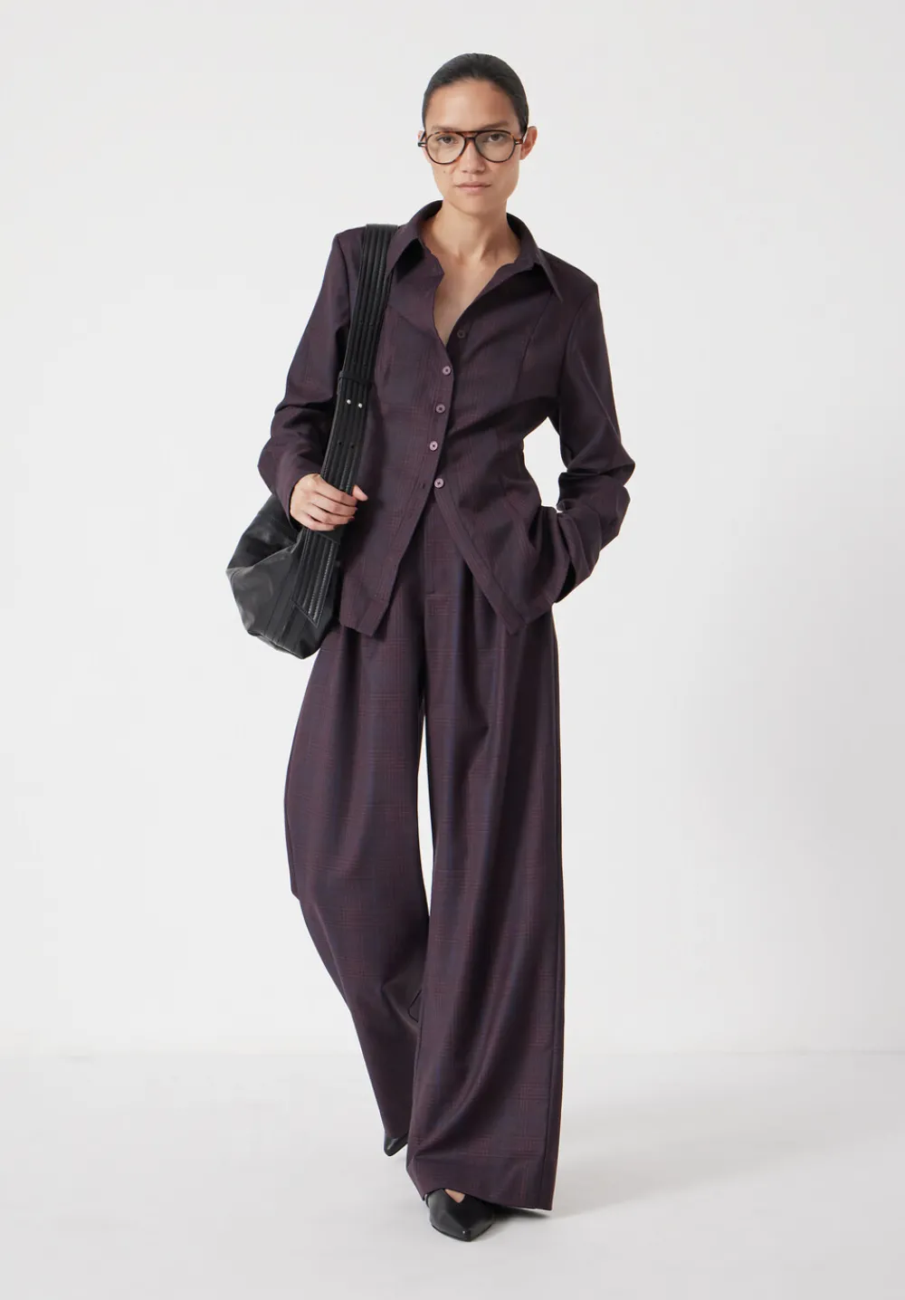 hush Trousers|Lya Wool Blend Wide Leg Check Trousers Burgundy Purple