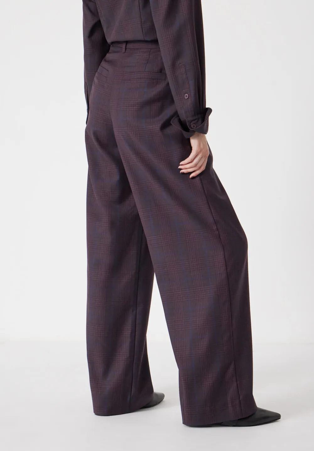 hush Trousers|Lya Wool Blend Wide Leg Check Trousers Burgundy Purple