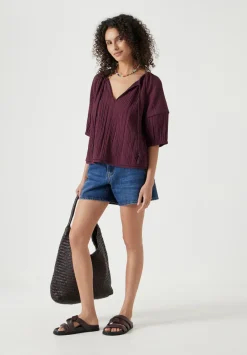 hush Shirts & Blouses|Mae Crinkle Balloon Sleeve Blouse Wine Red