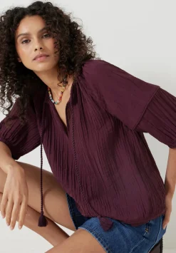 hush Shirts & Blouses|Mae Crinkle Balloon Sleeve Blouse Wine Red