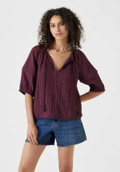hush Shirts & Blouses|Mae Crinkle Balloon Sleeve Blouse Wine Red