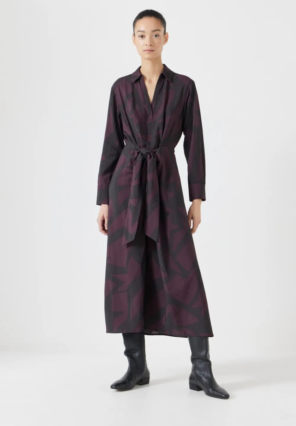 hush Dresses|Maya Air Flow Front Tie Maxi Dress Purple/Brown Abstract Shapes