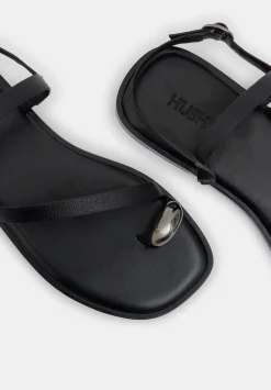 hush Sandals|Flats|Metal Detail Flat Leather Sandals Black
