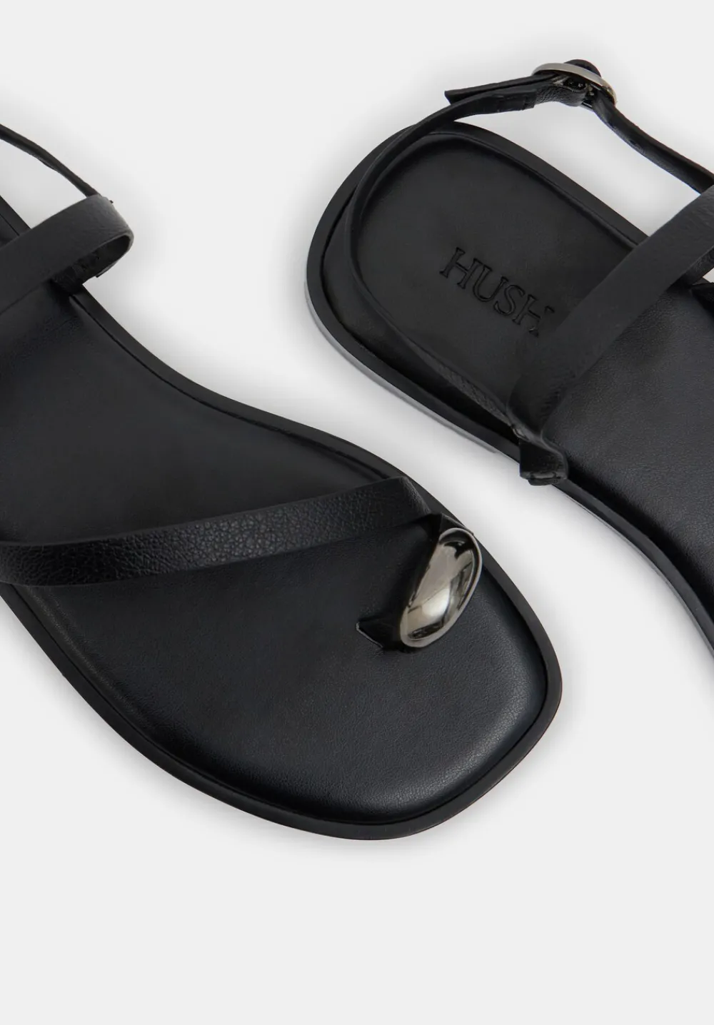 hush Sandals|Flats|Metal Detail Flat Leather Sandals Black
