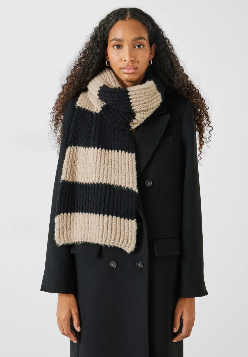hush Scarves|Morgan Knitted Stripe Scarf Black/Soft Camel