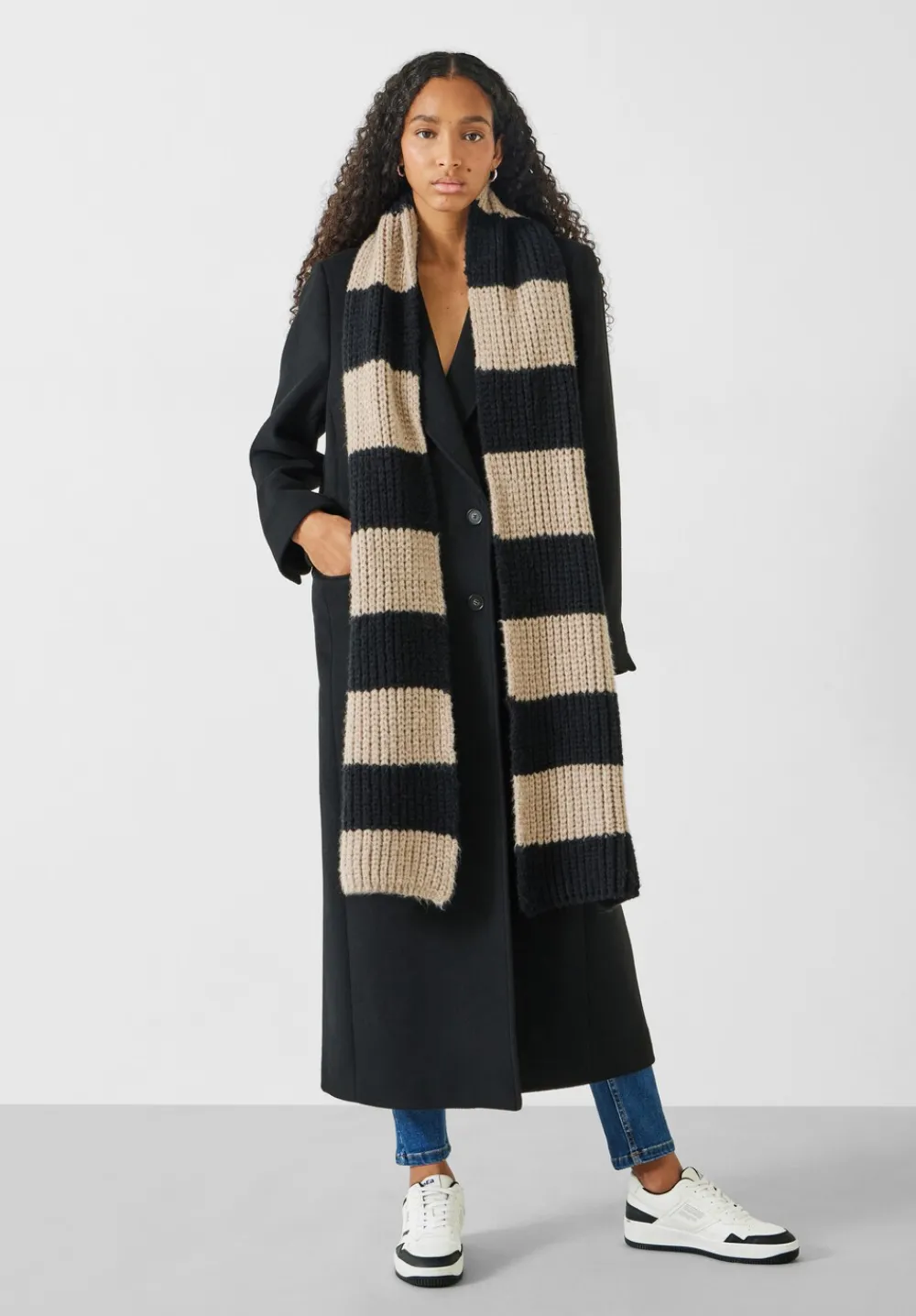 hush Scarves|Morgan Knitted Stripe Scarf Black/Soft Camel