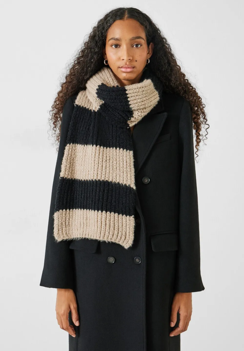 hush Scarves|Morgan Knitted Stripe Scarf Black/Soft Camel