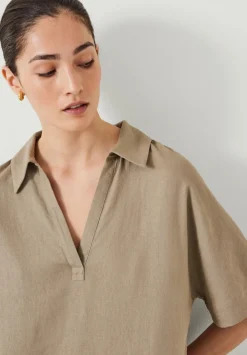 hush Dresses|Orla Mini Linen Polo Dress Beige