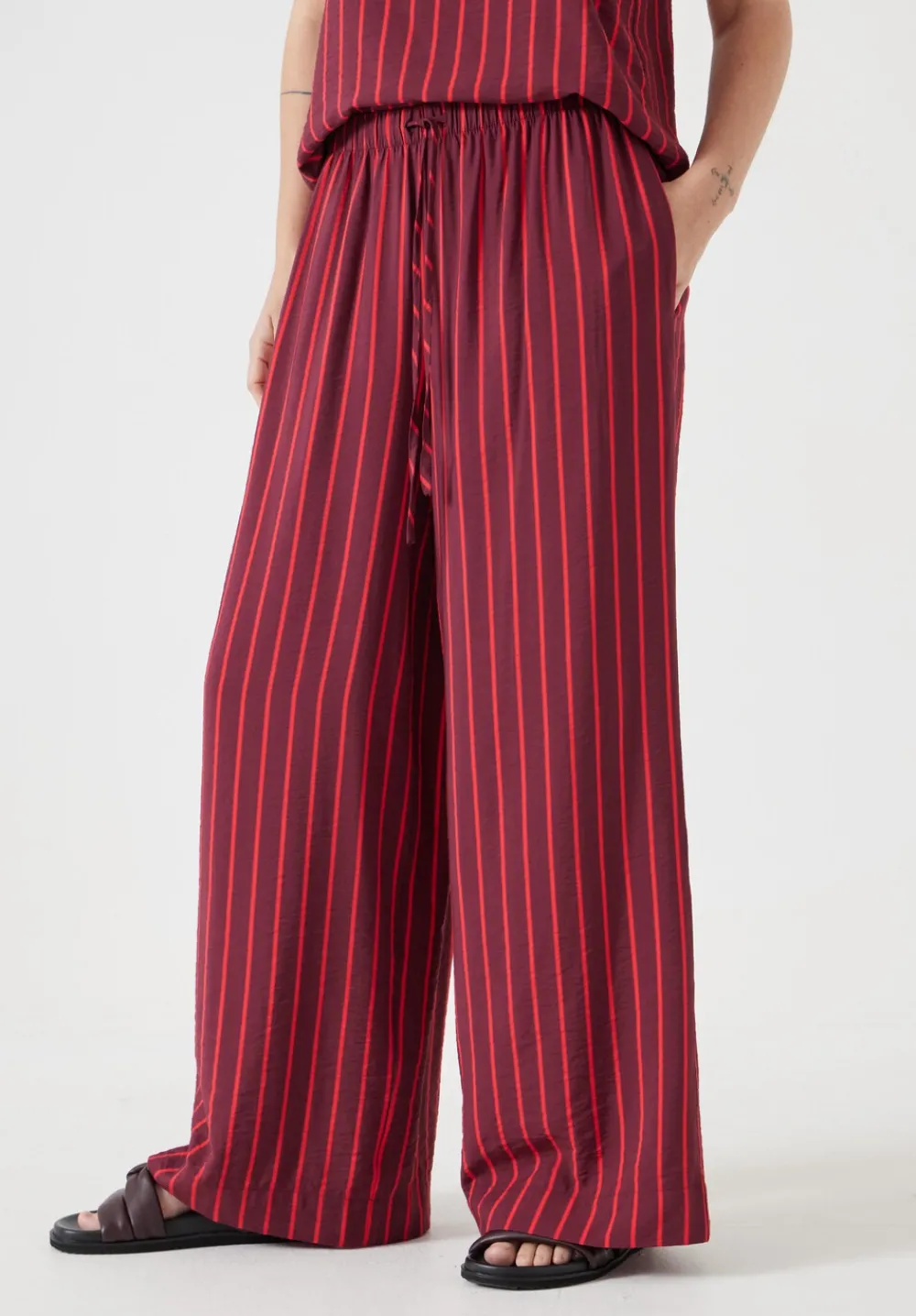 hush Jeans|Trousers|Petunia Air Flow Wide Leg Trousers Maroon & Red Stripe