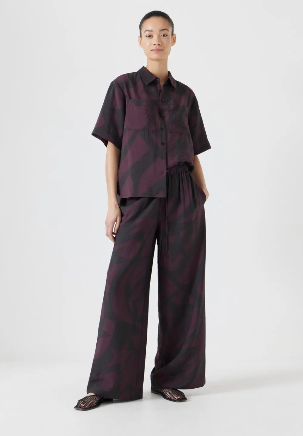 hush Jeans|Trousers|Petunia Air Flow Wide Leg Trousers Purple/Brown Abstract Shapes