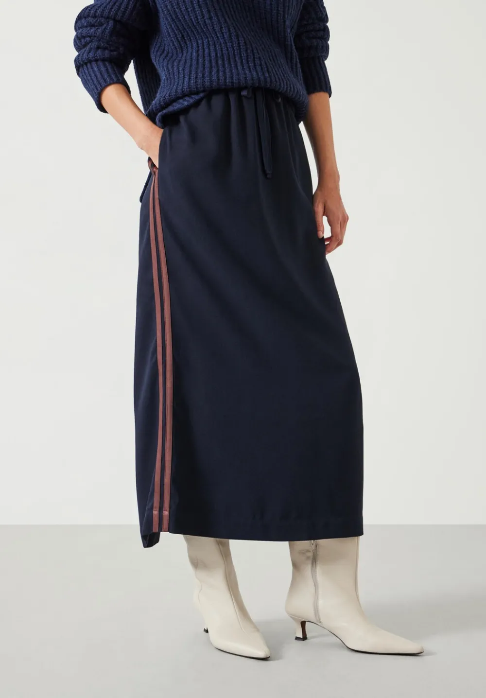 hush Skirts|Petunia Side Stripe Midi Skirt Navy