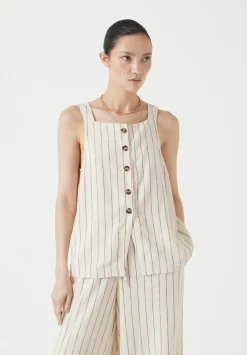 hush Tops & T-Shirts|Phoebe Linen Blend Stripe Waistcoat Ecru Black Stripe