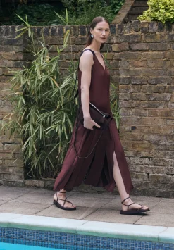hush Skirts|Pippa Satin Pleated Skirt Burgundy Brown/Dark Navy