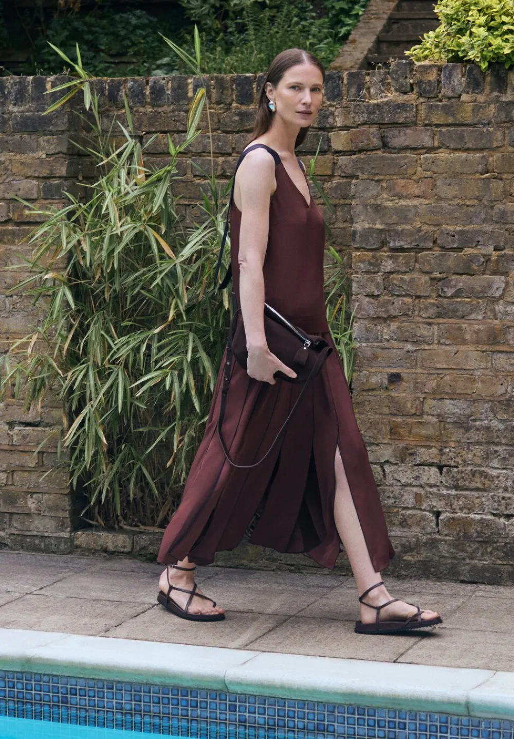 hush Skirts|Pippa Satin Pleated Skirt Burgundy Brown/Dark Navy