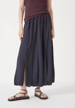 hush Skirts|Pippa Satin Pleated Skirt Dark Navy/Burgundy Brown