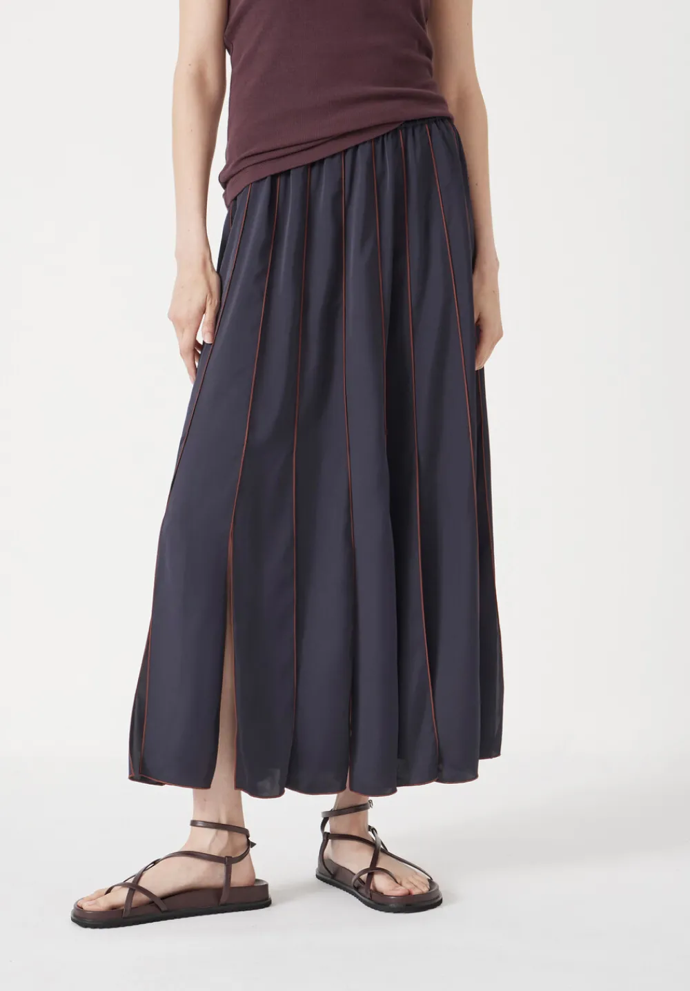 hush Skirts|Pippa Satin Pleated Skirt Dark Navy/Burgundy Brown