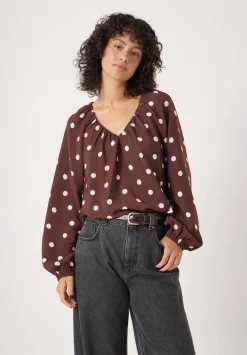 hush Shirts & Blouses|Printed Airflow V Neck Blouse Polka Dot Brown