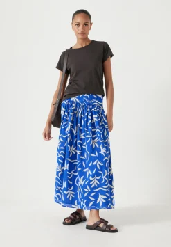 hush Skirts|Printed Gathered Detail Cotton Skirt Abstract Palm Blue