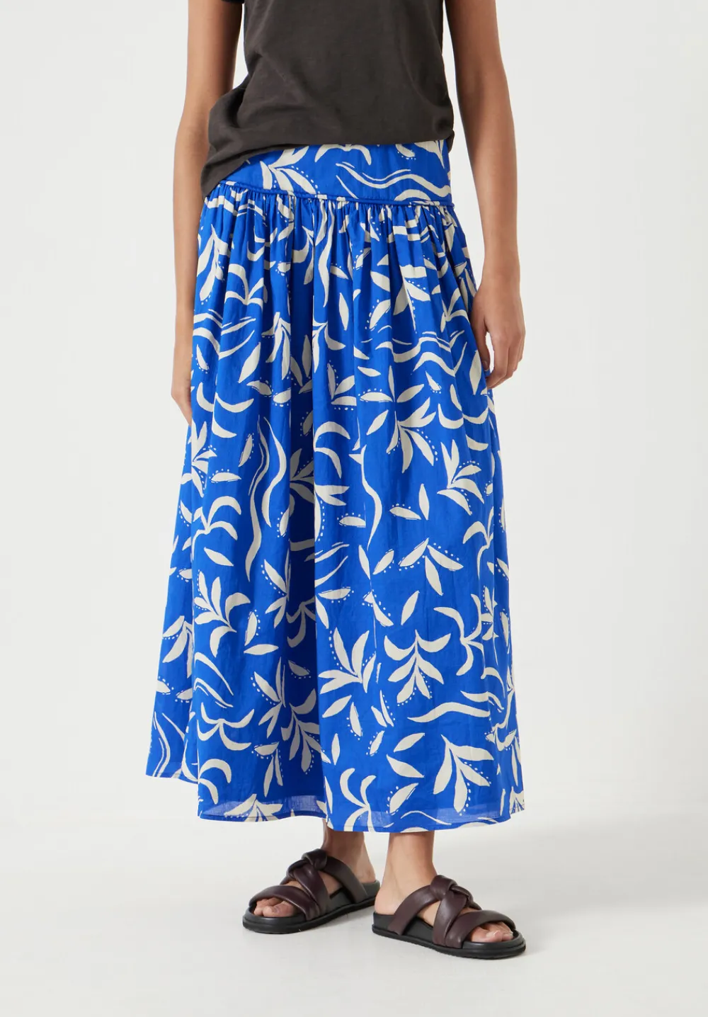 hush Skirts|Printed Gathered Detail Cotton Skirt Abstract Palm Blue
