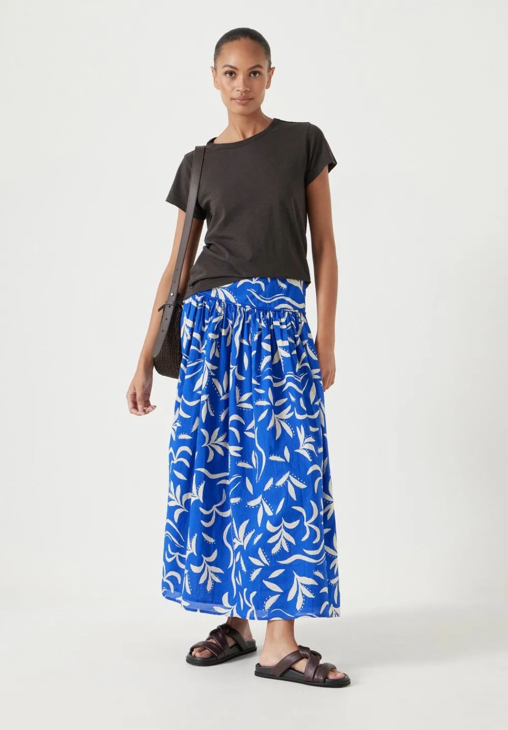 hush Skirts|Printed Gathered Detail Cotton Skirt Abstract Palm Blue