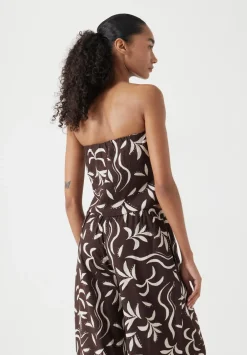 hush Tops & T-Shirts|Printed Linen Blend Bandeau Top Palm Print Chocolate