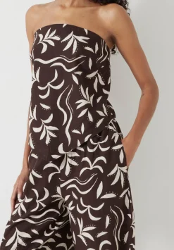 hush Tops & T-Shirts|Printed Linen Blend Bandeau Top Palm Print Chocolate