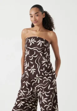 hush Tops & T-Shirts|Printed Linen Blend Bandeau Top Palm Print Chocolate