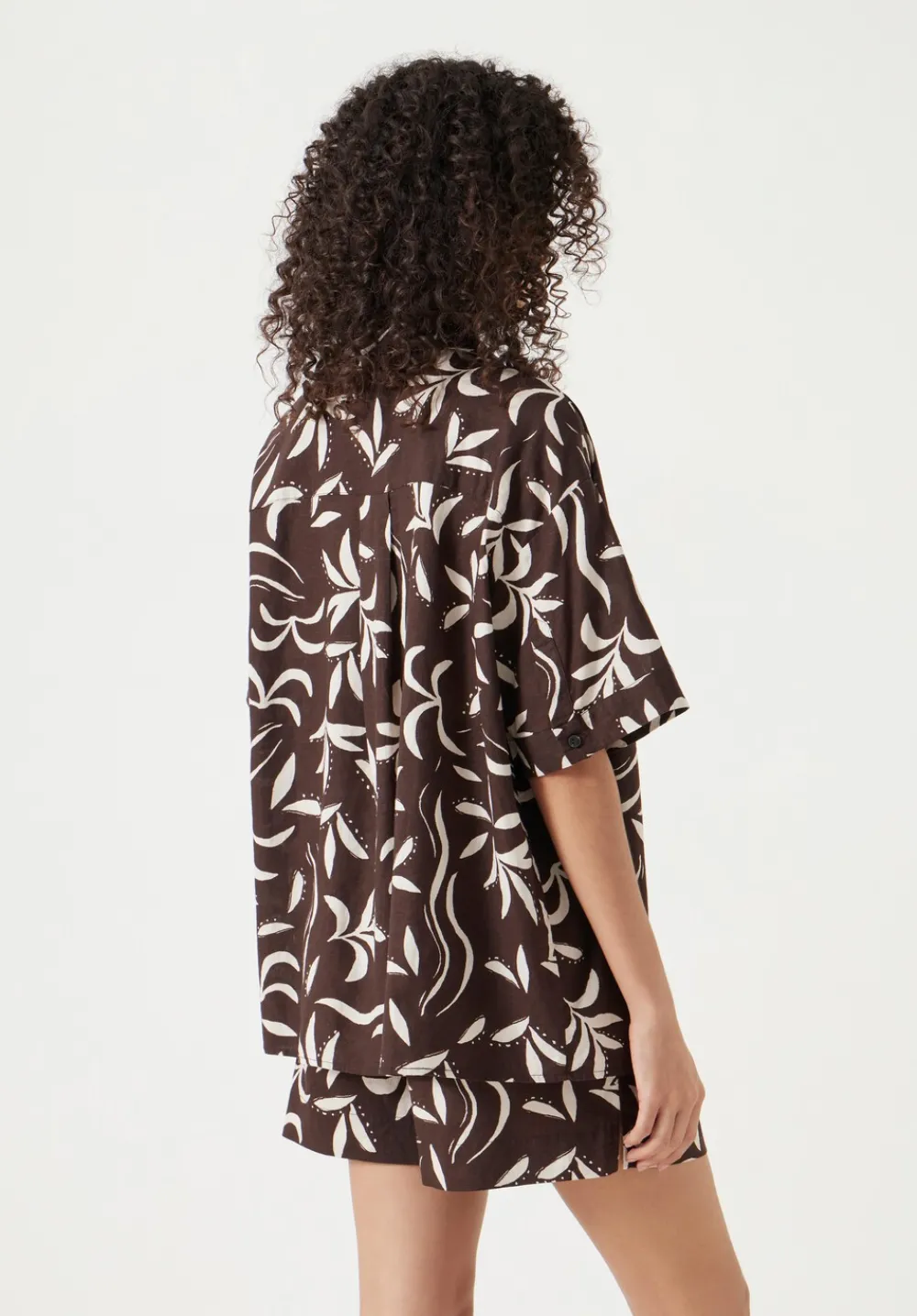 hush Tops & T-Shirts|Shirts & Blouses|Printed Linen Blend Shirt Palm Print Chocolate