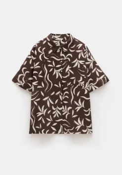 hush Tops & T-Shirts|Shirts & Blouses|Printed Linen Blend Shirt Palm Print Chocolate