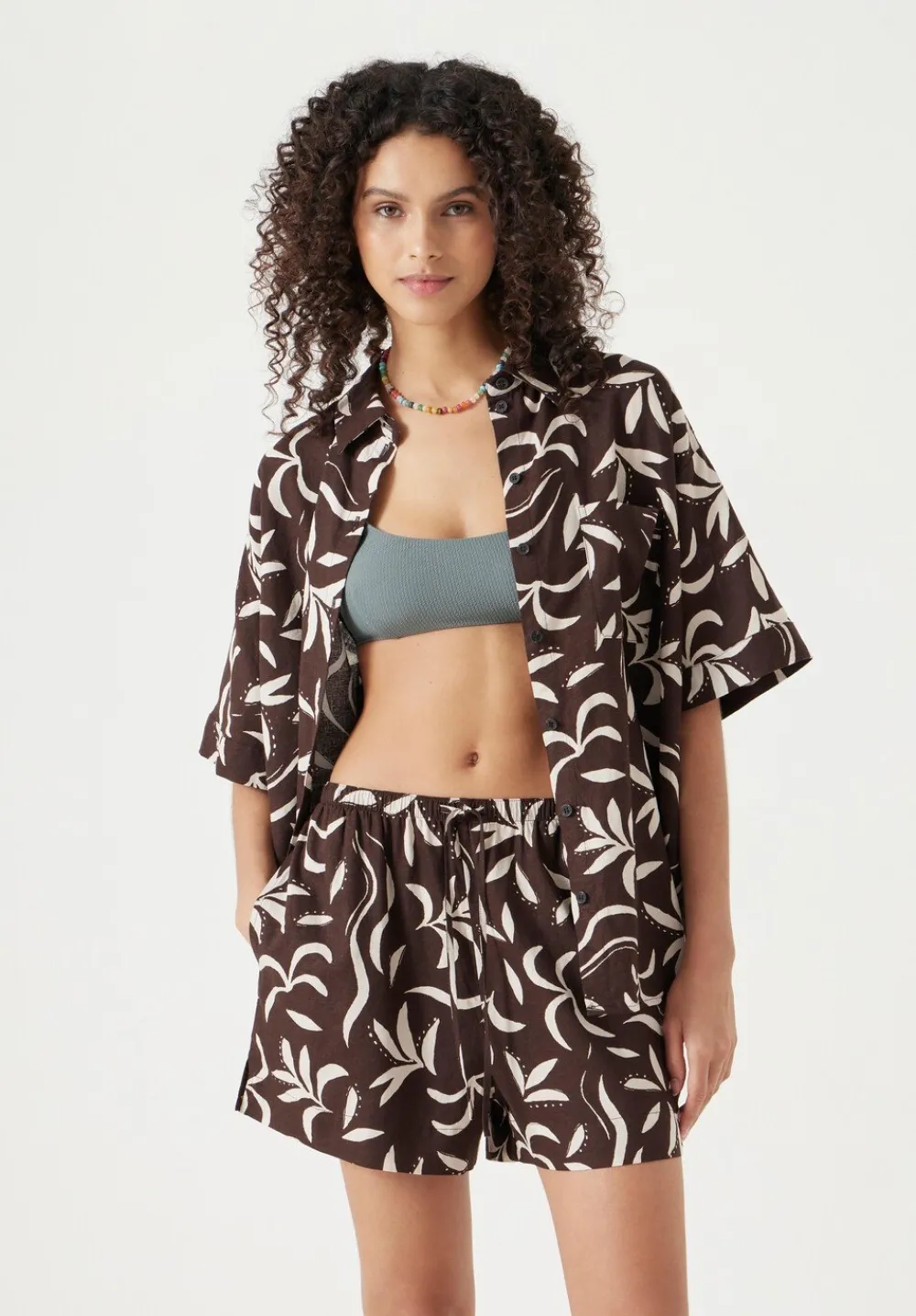 hush Tops & T-Shirts|Shirts & Blouses|Printed Linen Blend Shirt Palm Print Chocolate